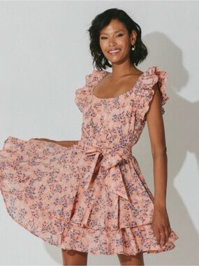 Cleobella Peach and Navy Floral Ruffle Britt Mini Dress